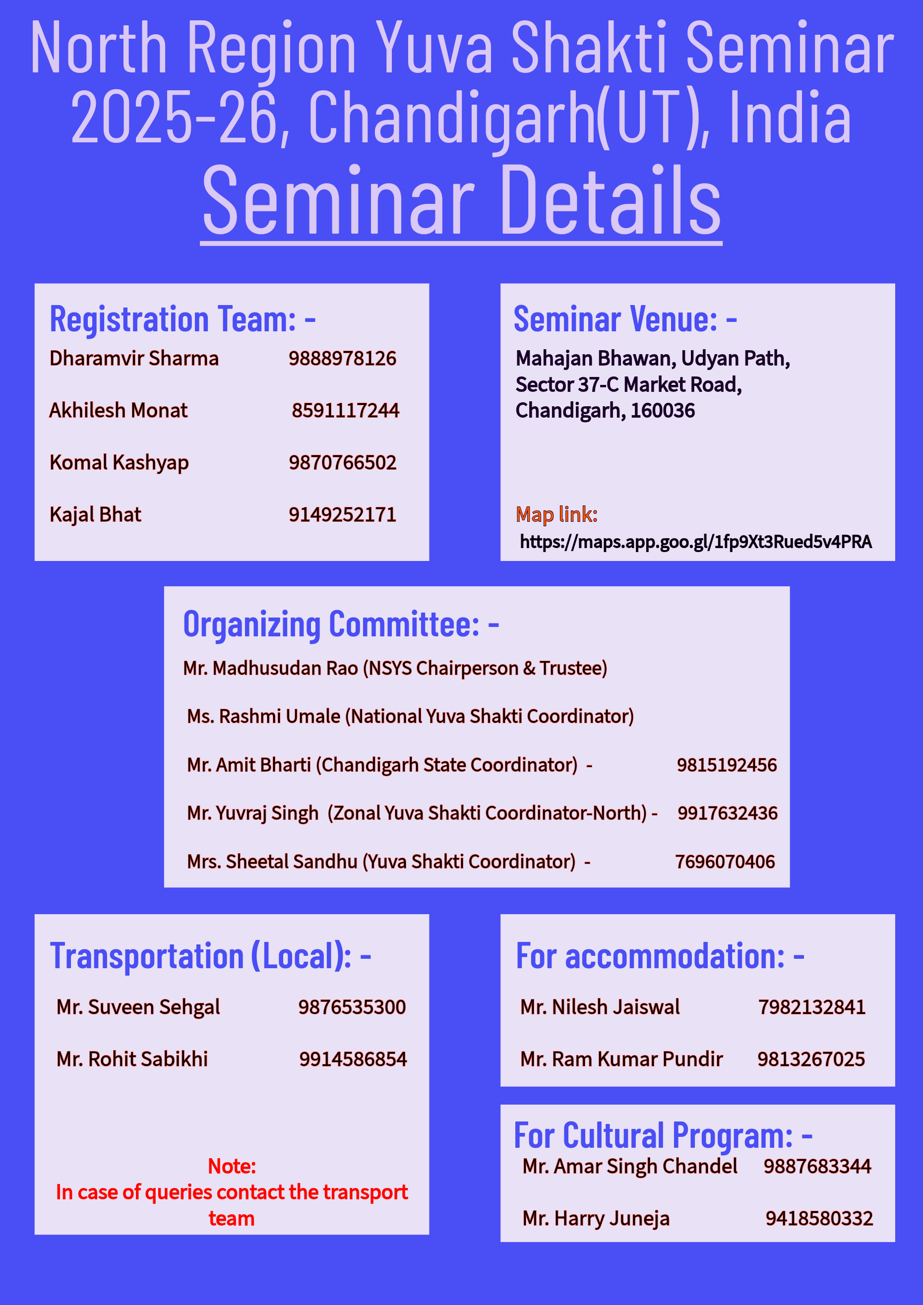 Contact numbers for seminar coordination and help